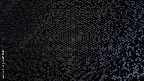 Abstract 3d rendering of chaotic black cubes in empty space. Computer generated background
