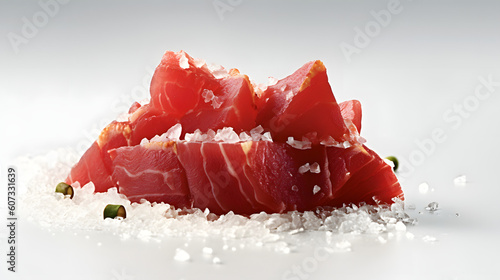 Chilled tuna loin on crushed ice, fresh seafood, generative AI © justin