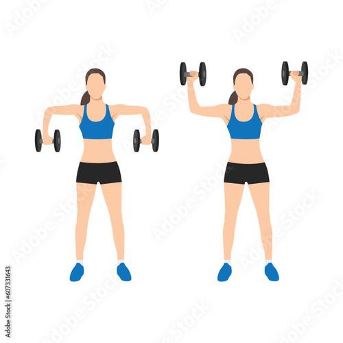 Woman scarecrow arms elbow shoulder rotations with dumbbell. Flat vector illustration isolated on white background