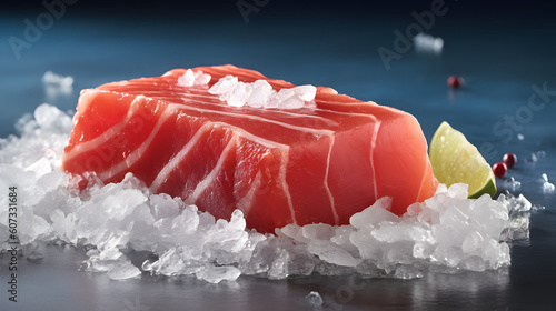 Hyperrealistic photo of a vibrant, chilled tuna loin on crushed ice, fresh seafood, generative AI