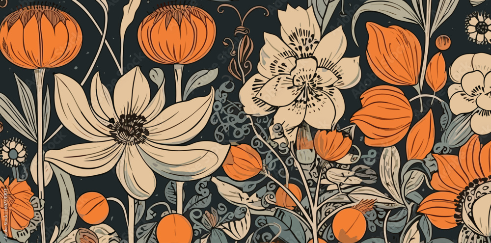 ed and orange flowers pattern fabric in the style of light beige and orange, fauvist, 20th century scandinavian style, tender depiction of nature, vintage, vector , generative ai ed and orange flowers pattern fabric in the style of light beige and orange, fauvist, 20th century scandinavian style, tender depiction of nature, vintage, vector , generative ai