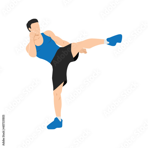 Man doing Roundhouse side kicks. Side kick. Sport exersice. Woman doing exercise. Flat vector illustration isolated on white background