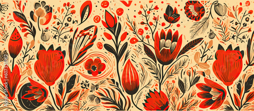 red and orange flowers pattern fabric on spoonflower custom fabric, light beige and orange, fauvist, 20th century scandinavian style, tender depiction of nature, vintage, vector, generative ai