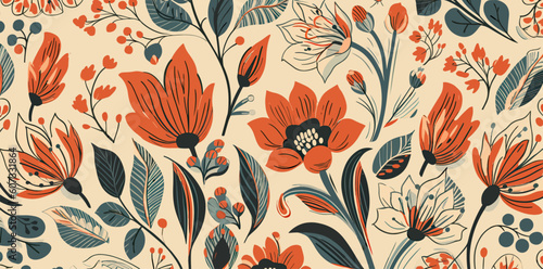 red and orange flowers pattern fabric on spoonflower custom fabric  light beige and orange  fauvist  20th century scandinavian style  tender depiction of nature  vintage  vector  generative ai