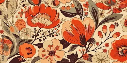 red and orange flowers pattern fabric on spoonflower custom fabric, light beige and orange, fauvist, 20th century scandinavian style, tender depiction of nature, vintage, vector, generative ai