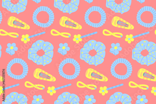 Hair accessories seamless pattern. Hairpins, elastic bands and hair clips on a red background.