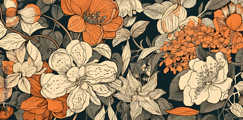 ed and orange flowers pattern fabric in the style of light beige and orange, fauvist, 20th century scandinavian style, tender depiction of nature, vintage, vector , generative ai