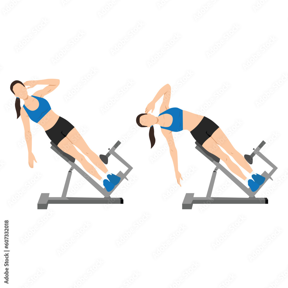 Fototapeta premium Woman doing roman chair side bend or hyperextension bench side bends exercise. Flat vector illustration isolated on white background