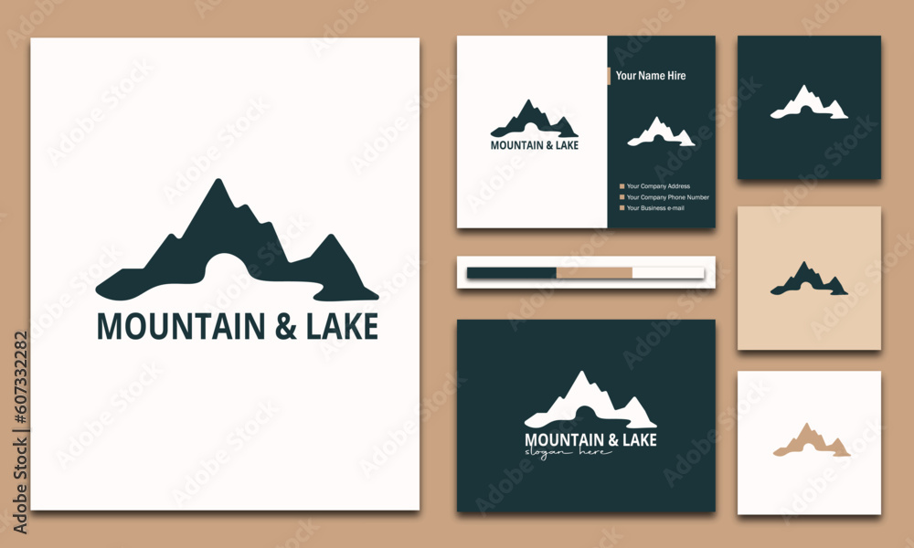 The concept of a minimalist mountain logo, with various uses for your business, such as sticker name cards and accompanied by a color palette