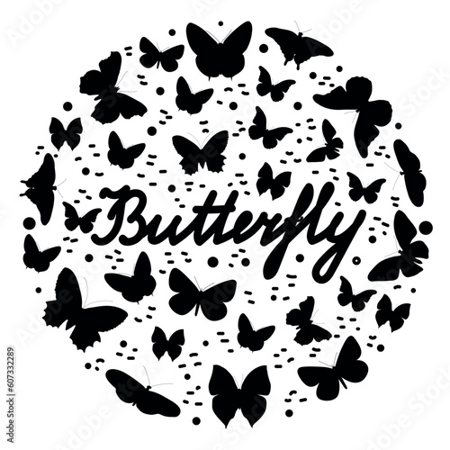 Silhouettes of butterflies in the shape of a circle with the inscription Butterfly