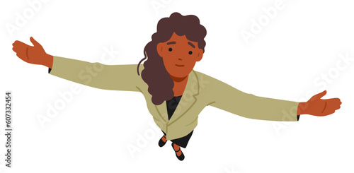 African American Woman Gazes Upwards With Arms Outstretched, Embracing The Vastness Of The World, Top View