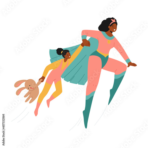 Superhero Mother Character with Daughter. the Best Mom Protects And Nurtures Her Kid With Strength, Love, Determination