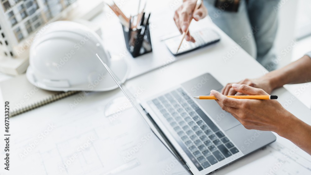 Architects interior designer hands working with Blue prints and ...