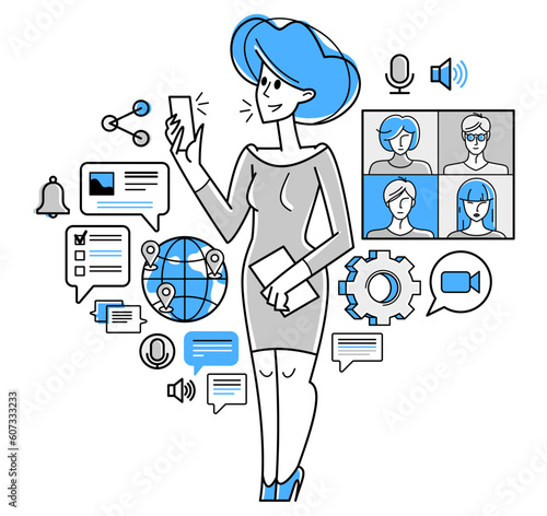 Online video chat of a young people doing their work and consulting remote about some project, online conference, webinar vector outline illustration.