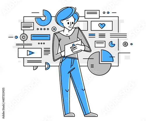 Data systematization, collecting and analyzing information, intellectual worker making analysis of some data on pc or web, vector outline illustration.