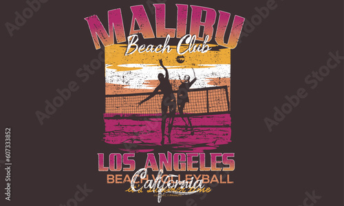 Malibu beach club  graphic print design for t shirt print, poster, sticker, background and other uses.  Beach Volleyball colorful retro print artwork. 