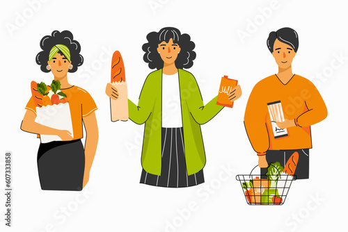 Set of people with food. Different people holding a basket or bag of groceries. Concept of healthy eating, healthy lifestyle, meal planing. Can be used for social media banner, web page and other. 