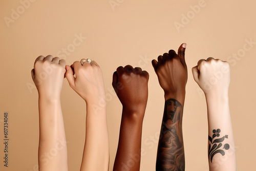 Race and gender diverse arms on a neutral background. Embracing Diversity: Social Integration across Races and Genders Generative AI