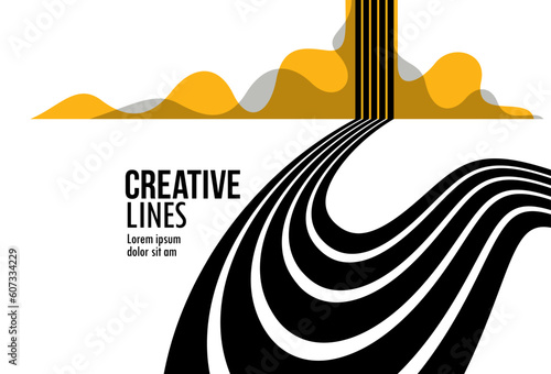 Future lines in 3D perspective vector abstract background, black and yellow linear composition, road to horizon and sky concept, optical illusion op art.
