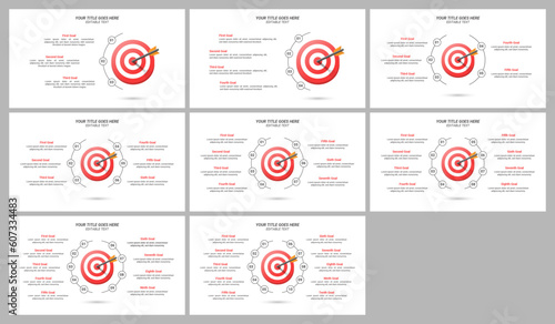 Multiple Infographic Target Boards for Business Goals from 3 up to 10 steps with Editable Text for Business Presentations, Goals, Reports, and Website Design.