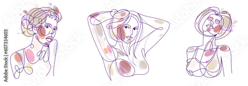 Woman beauty face vector linear illustrations set, delicate line art of attractive girl portraits collection, abstract feminine drawings minimal style isolated.