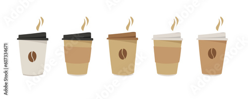 set of colorful cardboard cups for coffee and tea with lids. Simple flat graphics for cafe, cafe, coffee takeaway concepts. Vector illustration