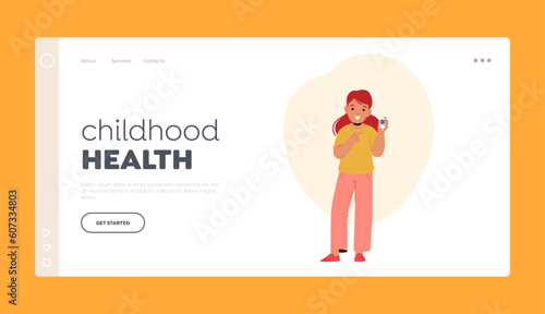 Childhood Health Landing Page Template. Little Girl Checking Blood Sugar Levels With Glucometer For Diabetes Management