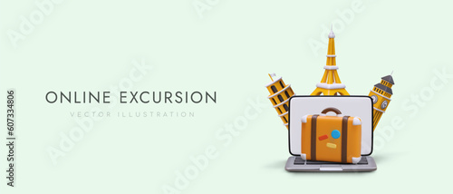 Online selection of excursions. Travel guide with list of best offers in different countries. Things to do, activities, sightseeing tours. Template for advertising with 3D images. Virtual tours