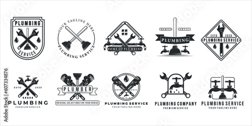 set of plumbing logo vintage vector illustration template label icon design. bundle collection of equipment or tools for professional plumber company concept logo design