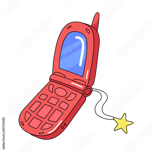 Red old-fashioned mobile phone, decorative art for trendy Y2K aesthetic, retro technology, vector design element.