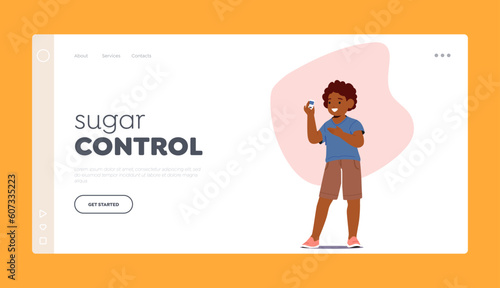 Sugar Control Landing Page Template. Child Character With Diabetes Measures Blood Sugar Level With A Glucometer