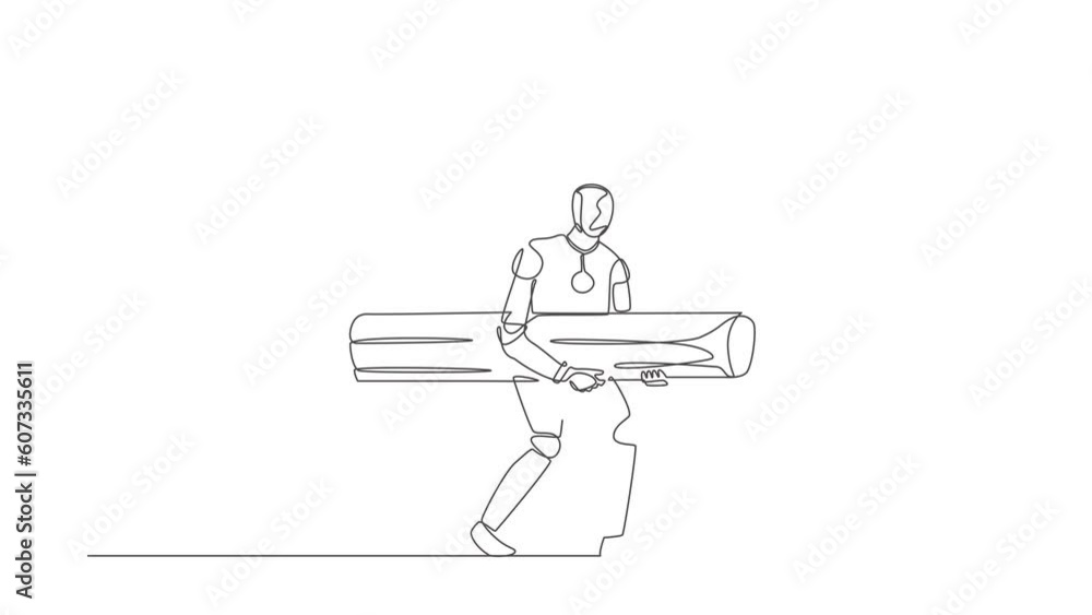 Self drawing animation of single line draw robot holding large log to destroying wall. Future technology. Artificial intelligence machine learning process. Continuous line draw. Full length animated Self drawing animation of single line draw robot holding large log to destroying wall. Future technology. Artificial intelligence machine learning process. Continuous line draw. Full length animated