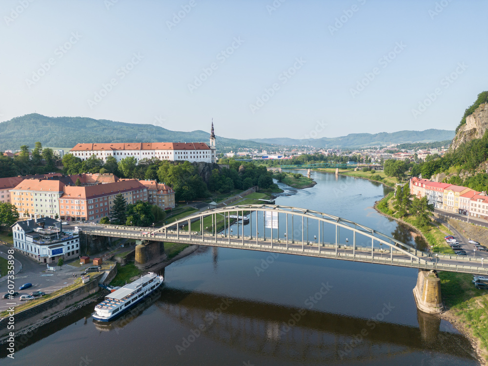 Panorama of the city of Decin in the Czech Republic on the river Elbe - castle on the rock