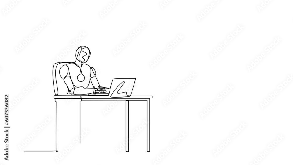 Animated self drawing of continuous one line draw robot working, typing and sending messages at desk. Humanoid robot cybernetic organism. Future robotics development. Full length single line animation Animated self drawing of continuous one line draw robot working, typing and sending messages at desk. Humanoid robot cybernetic organism. Future robotics development. Full length single line animation