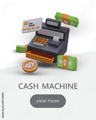 Vertical vector concept with 3D cash register. Shop equipment, check printing. Poster with cash machine. Acceptance of payment by credit card. Sale and maintenance of cash registers