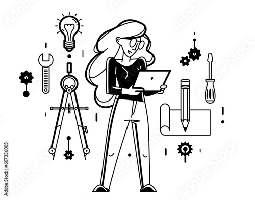 Mechanic engineer working on a draft plan vector illustration, inventor or repair job, engineering machine industry, system technician.