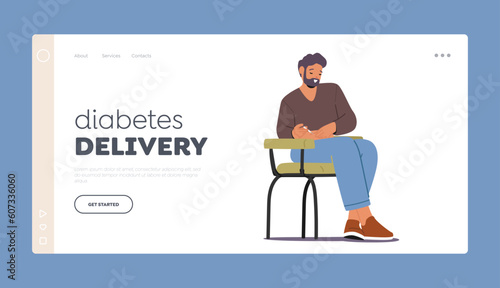 Diabetes Delivery Landing Page Template. Man Self-administers Insulin Injection. Male Promoting Stable Blood Sugar Level