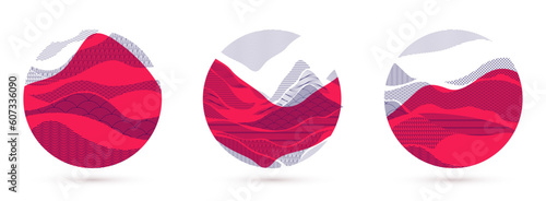 Abstract oriental Japanese art vector backgrounds set in red color in shape of circle, traditional style design, wavy shapes and mountains terrain landscape, runny like sea lines.