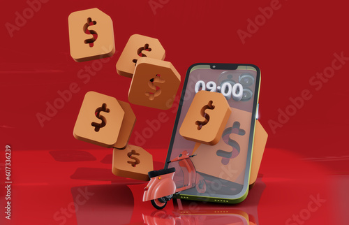 Mobile phone illustration with vector dollar bills flying and beautiful and beautiful background 