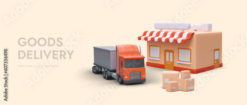 Cartoon realistic 3d track near supermarket and cartoon boxes. Simple and fast online delivery of goods. Service order via Internet. Vector illustration with warm background