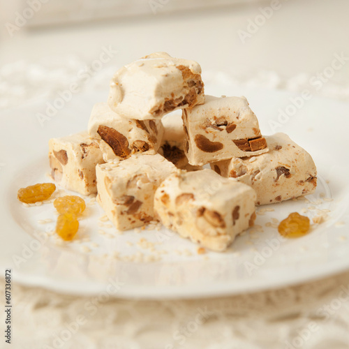 turkish dessert rahat lokum with nuts on a plate