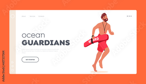 Ocean Guardians Landing Page Template. Lifeguard Male Character Sprints To Aid In Rescue Demonstrating Swift Action