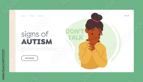 Sign Of Autism Landing Page Template. Don't Talk Concept. Worried African American Girl Cover Mouth With Hand