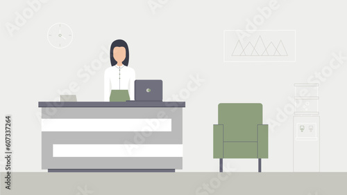 A woman at the reception desk in an office or business centre. A secretary or employee. Modern vector illustration.