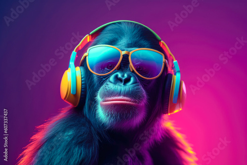 A colofrul illustration of Monkey wearing stylish headphones, perfect for a fun and creative t-shirt design. Ai generated © zamuruev