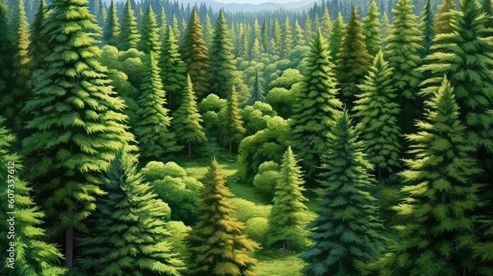 Aerial view of green summer forest with spruce and pine trees. Generative AI