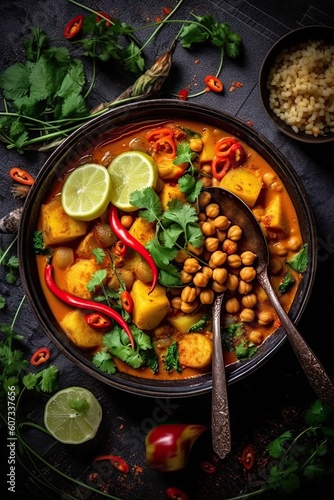 Chickpea curry vegetarian dish on black stone surface background. Generative AI