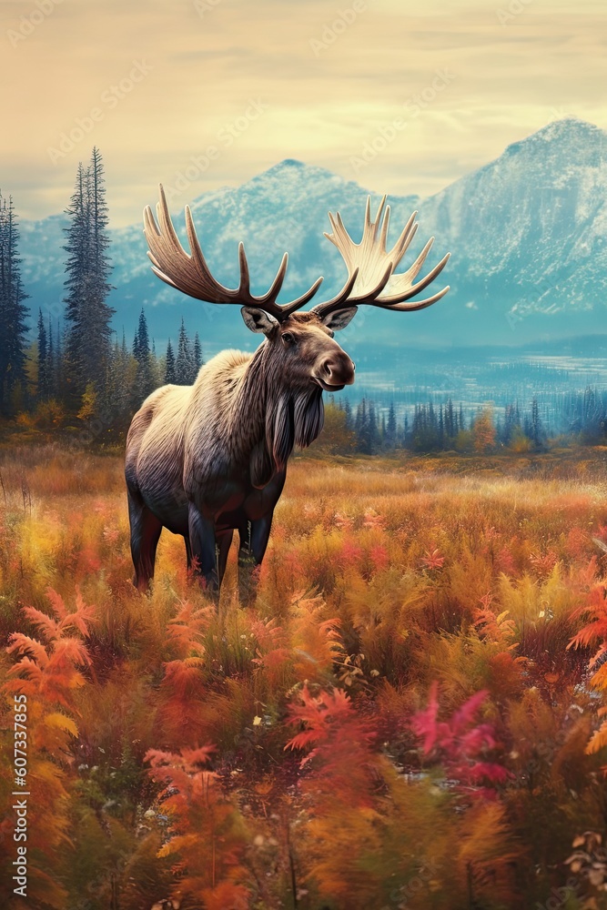 Moose in nature at mountain valley. Generative AI