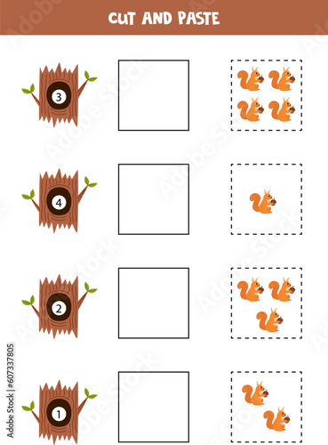 Math game for kids. Count and paste cute squirrels to the tree hollows.