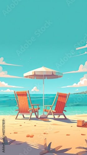 Chairs on the sandy beach near the sea. Summer holiday and vacation concept. Generative AI